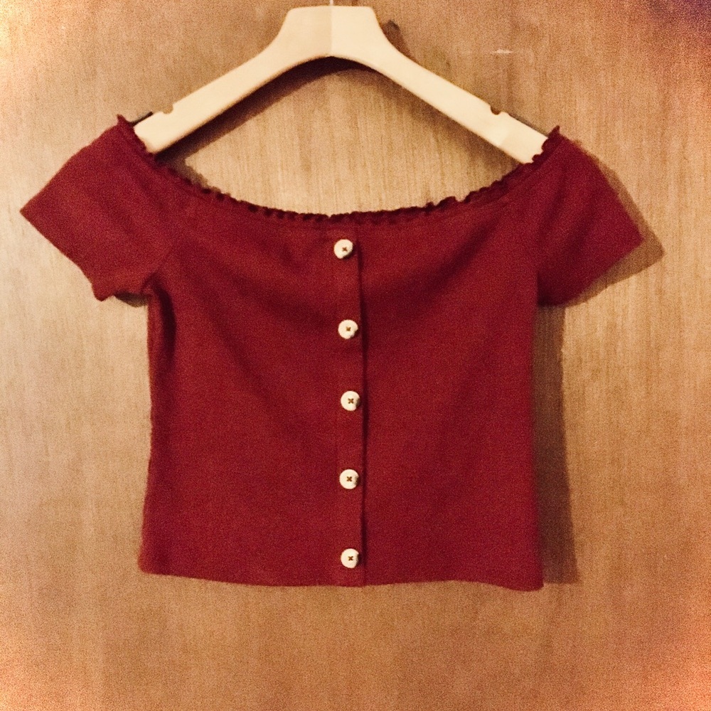 Stylish Red Off-Shoulder Top with Buttons